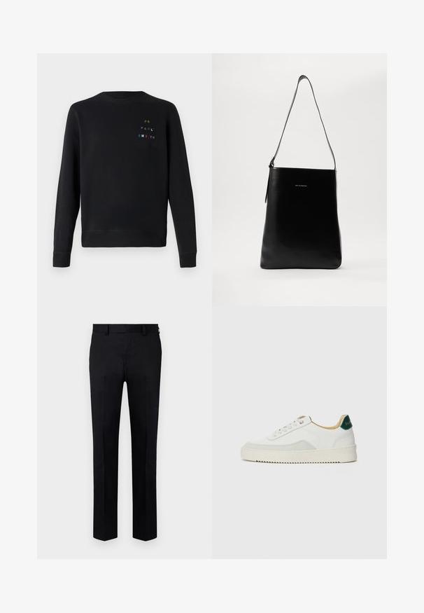 Sweatshirt negru din țesătură moale, cu guler rotund, manșete ribbate și text decorativ brodat multicolor pe piept.; Pantaloni negri dintr-un material neted, cu un design drept, pliuri frontale și brâuri pentru curea la talie. Fără modele sau accente vizibile.; Sneaker alb cu accente din suede, vârf rotund, șireturi plate și o talpă din cauciuc crem. Are un logo verde pe călcâie.; Geantă de umăr din piele neagră, cu o textură netedă, formă rectangulară și o curea lungă; prezintă un mic logo alb în centrul ei.