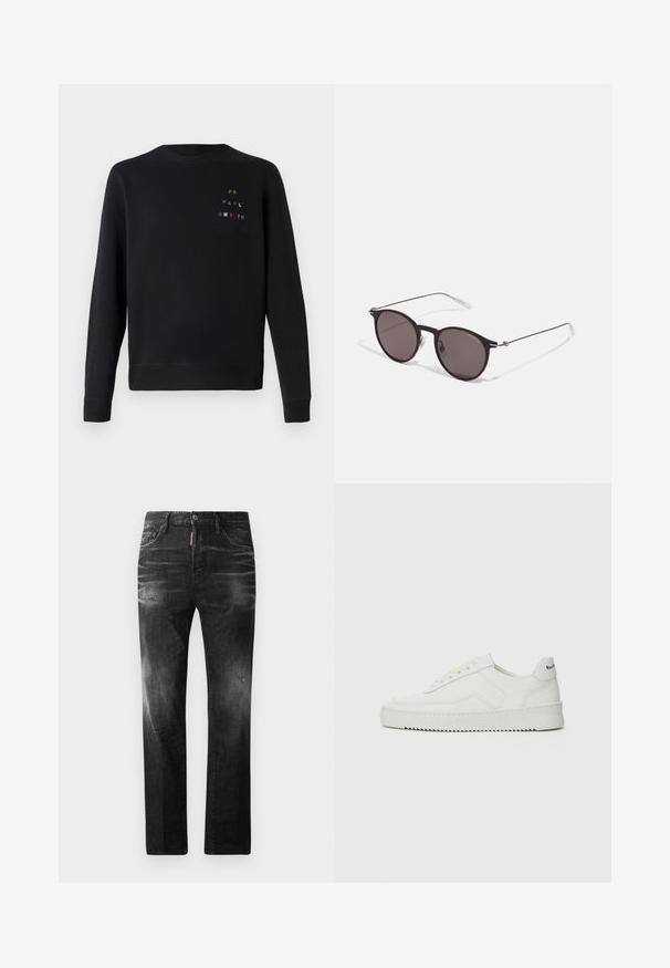 Must must küht, mis on valmistatud pehmest kangast, laevaga kaelusega, ribadega mansettide ja dekoratiivse multivärvilise tikandiga tekstiga rinnal.; Mustad denim püksid otse lõikega. Omavad kulunud piirkondi, väikseid kahjustusi, klassikalist viit taskut ning nööpkinnitust.; Valge nahast tennis, millel on sile põhi, ümar varvas, lamedad nöörid ja tekstuuriline tall. Sisaldab diskreetset logo kontsaribal.; Mustad mustad prillid tumedate läätsedega ja õhukeste metallist käepidemetega. Kaarja kujuga seljaosa ja hõbedased aktsendid hingel. Minimalistlik disain.