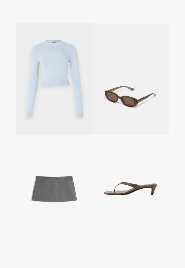 Pulover scurt de culoare albastru deschis, cu mâneci lungi. Prezintă un guler și o margine ribbată, cu un logo texturat subtil pe partea din față.; Fustă gri cu croială dreaptă, două buzunare frontale, închidere cu nasture pe față și un model texturat subtil.; Sandaș cu toc înalt, de culoare maro, cu o curea subțire și vârf rotunjit, având un mic accent auriu pe talpa interioară.; Ochelari de soare ovali maro, cu lentile închise la culoare. Ramele sunt dintr-un material translucid maro și prezintă un logo imprimat pe tempere.