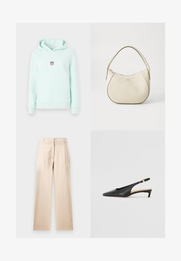 Bledě zelená mikina s kapucí a přední klokankou, žebrovanými manžetami a lemem; obsahuje logo s červenými, bílými a modrými akcenty.; Béžové kalhoty vyrobené z hladké tkaniny. Mají rovný střih, plochý přední díl a dva záhyby. Žádné viditelné vzory ani kovové prvky.; Černý kožený slingback s jehlovým podpatkem a špičatou špičkou, nízkým podpatkem a nastavitelným kotníkovým popruhem se zlatým přezkou. Hladký povrch.; Kabelka krémové barvy s texturovaným povrchem, zakřiveným tvarem, krátkým uchopením a zlatým logem. Zapínání na zip na vrchu.