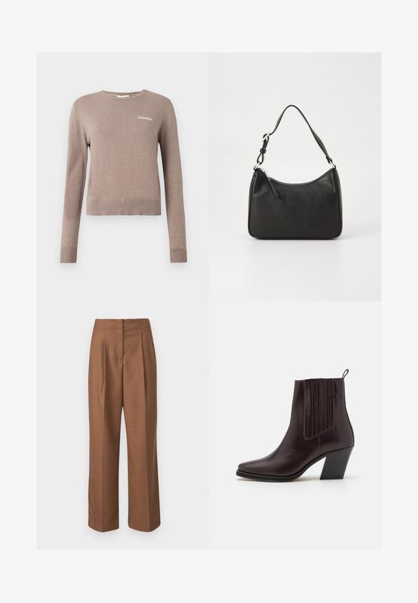 Beige kötött pulóver hosszú ujjakkal, kerek nyakkivágással és bordázott mandzsettákkal. Elöl apró fehér hímzés található, amelyen az "2ND DAY" felirat szerepel.; Barna, testre szabott nadrág, magas derékkal, széles lábakkal, elől redőzött és sima felületű. Nincsenek látható zsebek vagy díszítések.; Sötétbarna bőr bokacsizma hegyes orral, oldalt függőleges bordázott részletekkel és közepes magasságú tömbsarkúval.; Fekete bőrtáska ívelt formával, egyetlen pánttal, cipzáras záródással és diszkrét logóval az elején. Simább textúra, minimalista dizájn.