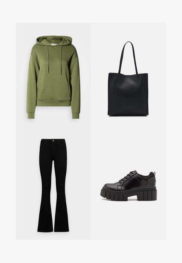Olivzaļš džemperis ar kapuci, izgatavots no mīksta auduma, ar priekšējo kabatu, kapuces auklām un ribotām aprocēm. Priekšpusē neliels iespiests logotips.; Melni augsta jostas šorti ar pogu un rāvējslēdzēju, priekšējām kabatām un izplestām kājām, nolikti uz balta fona.; Melnas ādas platformas kurpes ar masīvu bloku papēdi, apaļu purngalu un tradicionālu saistīšanas dizainu. Izceļas ar gludu tekstūru un minimālu apdari.; Melnas ādas somiņa ar gludu tekstūru, taisnstūra formu un divām garām rokturiem. Nav redzamu aparatūras vai rotājumu.