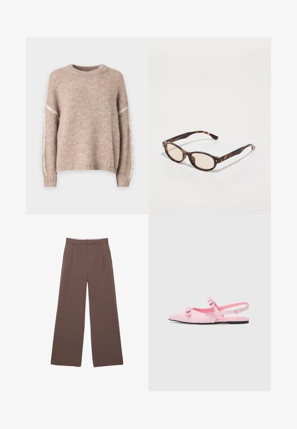 JDY JDYZOEY LIFE ON STITCH NOOS - Strickpullover - chateau gray; Weite Hosen aus einfarbigem braunem Stoff, mit einer glatten Textur, vorderen Falten und einem maßgeschneiderten Bund. Keine sichtbaren Logos oder Muster.; Rosa, flache Slingback-Schuhe mit einer spitzen Zehenpartie und zwei dekorativen Schleifen. Glattes synthetisches Material, minimalistisches Design und ein dünner Knöchelriemen.; Schildkrötenmuster Sonnenbrille mit runder Form und leichten Gläsern. Verfügt über stabile Bügel mit kleinen goldenen Akzenten, hergestellt aus Kunststoff.