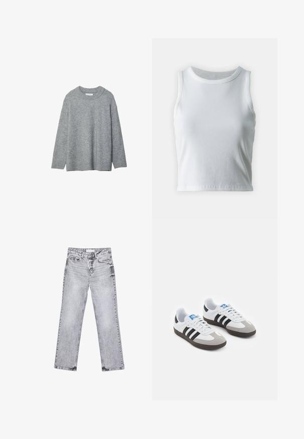 Pull en tricot gris avec un col rond, des épaules tombantes et des poignets côtelés. Texture douce et coupe ample. Pas de motifs ni d'accents.; Débardeur blanc côtelé avec un décolleté rond et sans manches, présentant un ourlet droit et une texture lisse et extensible.; Jean en denim gris avec une coupe droite, des détails déchirés, cinq poches et des rivets en cuivre. La ceinture présente une étiquette de logo.; Baskets avec une tige en cuir blanc, un bout en daim gris et trois bandes noires. Présente un logo bleu sur la languette et une semelle en caoutchouc texturée.