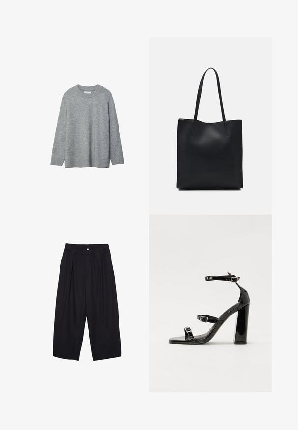 Grå strikket sweater med rund halsudskæring, sænkede skuldre og ribstrikkede manchetter. Blød tekstur og løs pasform. Ingen mønstre eller accenter.; Sorte polyester culotte bukser med elastisk talje, to forpiber og en løs silhuet. Ingen synlige mønstre eller hardware detaljer.; Sorte patenterede hælsandaler med firkantet tå, ankelremme og sølvspænder. Har en chunky blokHæl for stabilitet.; Sort læder tote taske med glat tekstur, rektangulær form og to lange hanke. Ingen synlig hardware eller udsmykninger.
