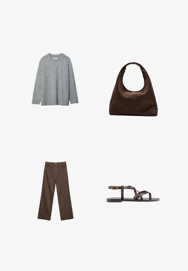 Harmaa neulottu villapaita pyöreällä kauluksella, pudotetuilla olkapäillä ja ribbaustaskuilla. Pehmeä rakenne ja löysä malli. Ei kuvioita tai koristeluja.; Leviittävät ruskeat farkut, jotka on valmistettu denimistä, korkea vyötärö, etutaskut ja klassinen nappikiinnitys. Silkkinen pinta hienovaraisella ompelutyöllä.; Ruske kožne sandale s križnim trakama, zatvaranjem na kopču oko gležnja i ravnim potplatom s minimalnim detaljima šivanja.; Pehmeä ruskea hobo-tyylinen käsilaukku, jossa on yksi leveä olkahihna ja kaareva yläosan aukko, esitelty valkoista taustaa vasten.