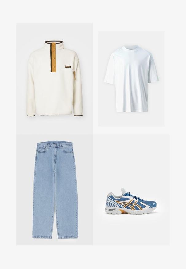 Columbia HELVETIA HALF SNAP - Flisinis džemperis - chalk; Balta trumpo rankovio marškinėliai, pagaminti iš minkštos medvilnės. Su apvaliu iškirpimu, laisvu siluetu ir glotnia tekstūra. Nėra matomų raštų ar akcentų.; Šviesiai mėlyni džinsai su tiesiomis kojomis, turintys vidutinio aukščio juosmenį, penkias kišenes ir mygtuko bei užtrauktuko uždarymą.; Mėlyni sportiniai batai su tinklelio viršumi, baltais ir oranžiniais akcentais, paminkštintu vidpadžiu ir tekstūruotu guminio pado apvadu. Yra raištelių uždarymas.