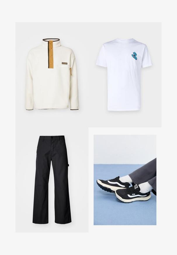 Columbia HELVETIA HALF SNAP - Felpa in pile - chalk; T-shirt bianco in cotone con una grafica di una mano di mostro blu sul lato sinistro del petto. Design semplice con collo a giro e maniche corte.; Pantaloni neri a gamba larga realizzati in un tessuto durevole. Presentano una chiusura con bottone e tasche laterali. Texture liscia con un design pulito.; Sneakers neri con dettagli bianchi, materiali in rete e gomma, caratterizzati da una suola testurizzata e una linguetta sul tallone. Indossati con calze bianche e pantaloni grigi.