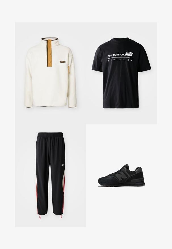 Columbia HELVETIA HALF SNAP - Fleece jumper - chalk; Black cotton t-shirt featuring a crew neck, short sleeves, and white "new balance" and "ATHLETICS" text graphics on the front.; New Balance IN GAME TRACK PANT - Tracksuit bottoms - black; Black sneaker featuring a suede and mesh upper, thick sole, and prominent 'N' logo on the side. Textured design with lace closure.