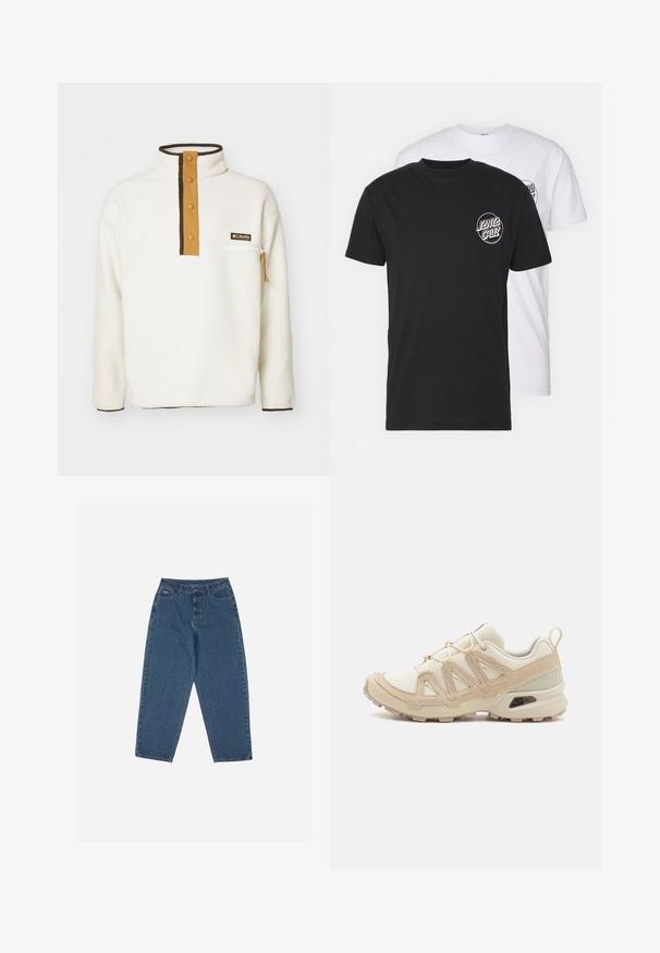 Columbia HELVETIA HALF SNAP  - Fleecetrøjer - chalk; Pakke med to t-shirts: en sort og en hvid. Begge har korte ærmer og et cirkulært logo på brystet i kontrastfarve. Materialet er bomuld.; Blå denimjeans med en afslappet pasform, høj talje, fem-lomme design og syningsdetaljer. Har en knap- og lynlåslukning.; Beige og creme atletiksko med struktureret mesh-overdel, støttende overlays og gummiyderside med et mønster for trækkraft.