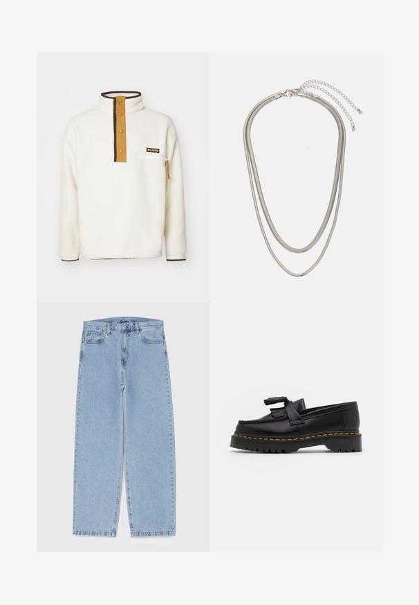 Columbia HELVETIA HALF SNAP - Fliisdžemper - chalk; Heled sinise denimi sirgete põlvede lõikega teksad, millel on keskmise kõrgusega vöökoht, viis taskut ning nööbid ja tõmblukk.; Mustmust musta loafer, millel on frantsiisi aktsent, paks must tald ja kollane õmblus servas. Tekstuuriga viimistlus.; Kolmekihiline hõbedane metallkaelakee, mis on valmistatud peentest, paindlikest kettidest kerge läikega, kinnitatud krabi sulguri ja reguleeritava ketiga.