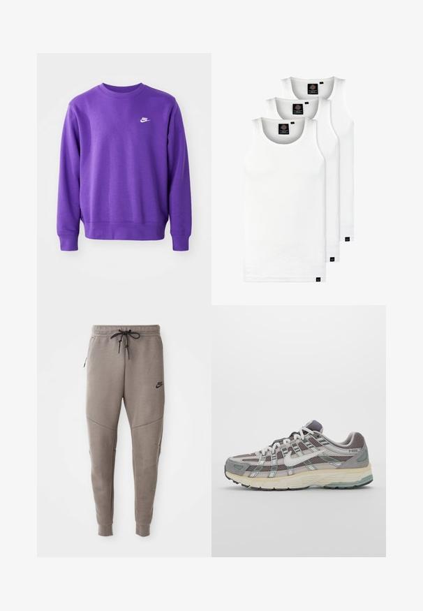 Fialová mikina Nike s klasickým kulatým výstřihem, žebrovanými manžetami a zakončením, se malým bílým logem na hrudi. Měkká, strukturovaná látka.; Tři bílé žebrované tílka vyrobené z bavlny. Mají kulatý výstřih a malé černé štítky poblíž lemu. Dostupné v několika velikostech.; Šedé Nike tepláky s elastickým pasem na šňůrku, zúženými nohavicemi, bočními kapsami a charakteristickým švem. Měkká, strukturovaná tkanina.; Šedá sportovní obuv s vrchní částí z mikrovlákna a semiše, bílými akcenty, polstrovanou podrážkou a jedinečným designem s reflexními prvky.