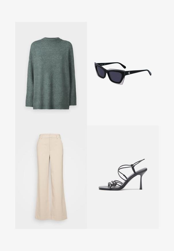 Zöld kötött pulóver kerek nyakkivágással, leeső vállakkal, bordás mandzsettákkal és hemekkel. Puha tapintású és laza fazonú.; Beige, bő szárú nadrág sima textúrával, magas derékkal és két elülső zsebbel. Tiszta dizájn, elegáns szabású.; Fekete magas sarkú szandálok vékony pántokkal, csomózott mintával, sima négyzetes orral és karcsú stiletto sarkal rendelkeznek.; Fekete, nagyméretű napszemüveg geometrikus formával, sötét lencsékkel és kontrasztos szürke részlettel a kereten. Logó a szárán.; Ezüst karika fülbevalók sima, fényes felülettel. Lekerekített forma, könnyű kialakítással, tűs zárómechanizmussal.