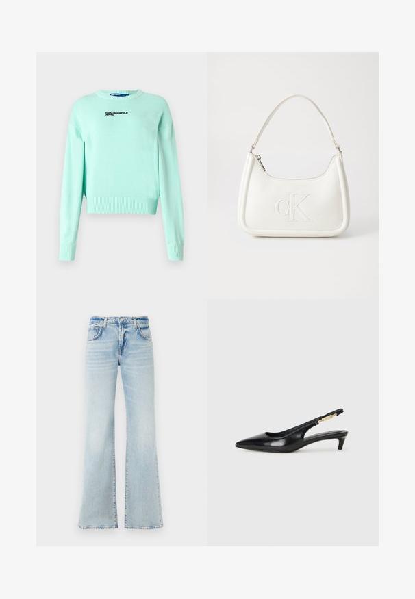 Karl Lagerfeld Jeans LOGO - Džemperis - torquoise; Izplūdušas gaiši zilas džinsus ar mīkstu tekstūru, piecām kabatām un pogu aizdari. Iezīmē nodiluma efekts.; Melnas ādas slingback zābaki ar smailu purngalu, ar šauru papēdi un zelta krāsas akcentu uz regulējama siksniņas. Gluda tekstūra.; Balta ādas rokassoma ar noapaļotu formu, uz kuras priekšpuses ir izgriezts "CK" logo un viena plecu siksna. Augšā aizverama ar rāvējslēdzēju.
