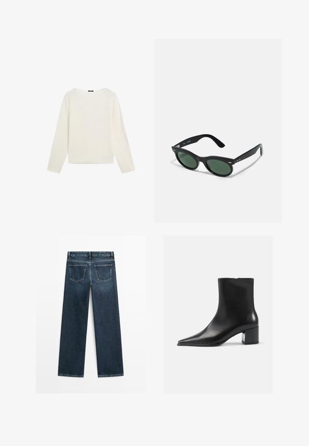 Long-sleeve plain white sweater with a round neckline and a straight hem, displayed on a white background.; Dark blue denim jeans with a straight cut, featuring two back pockets and visible stitching along the seams and hems.; Black leather ankle boot with a pointed toe, smooth texture, and a mid-block heel. Minimalist design, zipper closure at the back.; Black sunglasses with green lenses, round shape, plastic frame, subtle silver accents, and a smooth texture. Brand logo on the arm.