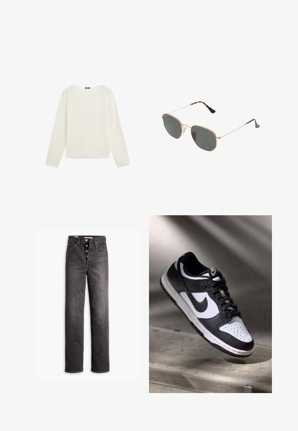 Langsleeve effen witte trui met een ronde halslijn en een rechte zoom, weergegeven op een witte achtergrond.; Zwarte high-waisted jeans met een rechtuit ontwerp, gemaakt van denim. Heeft een knoopsluiting, koperen hardware accenten en contrasterende stiksels.; Zwart-witte Nike Dunk Low sneaker met een leren bovenwerk, geperforeerde neus, en zwarte veters, met een witte zool en logo-accenten.; Gouden metalen zonnebril met donkergroene lenzen, aviator-stijl, met slanke scharnieren en schildpad-accenten op de uiteinden.; Zwarte draagtas met geometrisch patroon, gemaakt van textuur materiaal. Heeft stevige handgrepen en een label, gestructureerde vorm.