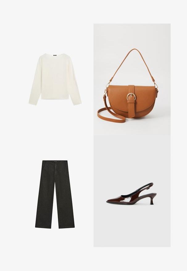 Langsleeve effen witte trui met een ronde halslijn en een rechte zoom, weergegeven op een witte achtergrond.; Wijd uitlopende zwarte denim broek met een middelhoge taille, twee zijzakken en een eenvoudige, minimalistische uitstraling zonder zichtbare versieringen.; Bruine gepatineerde leren slingback-schoen met een spitse neus en een gematigd hakje. Voorzien van een gespsluiting voor een veilige pasvorm. Glad van textuur.; Bruine leren schoudertas met een gebogen vorm, gouden hardware en een gespaccent. Bevat een afneembare schouderriem.