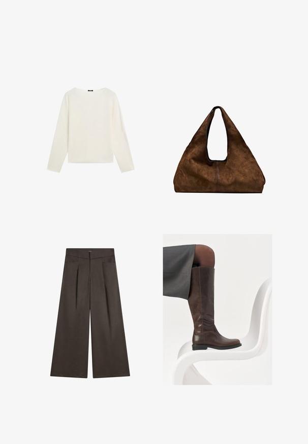 Bílý svetr s dlouhým rukávem, kulatým výstřihem a rovnými lemy, vystavený na bílém pozadí.; Široké kalhoty z tmavě hnědé látky, s plochým předním dílem, dvěma bočními kapsami a hladkou texturou s přiléhavým střihem.; Hnědá kožená kotníková bota s rounded toe, hladkou texturou a minimálními švy, umístěná na světlém pozadí na bílé židli.; Hnědá semišová taška přes rameno s otevřeným vrchem. Disponuje hlubokým a širokým tělem, vyřezávaným držadlem a minimálním prošíváním pro čistý design.