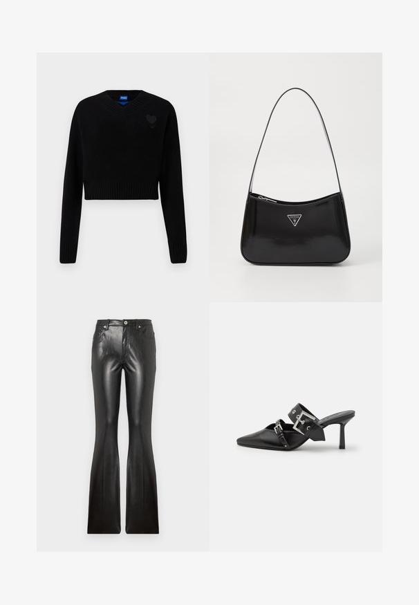 Svart kortermet genser med V-hals, ribbestrikket kant og lange ermer. Har et lite teksturert hjerte detaljer på brystet. Laget av mykt materiale.; Sorte lærbukser med flare som har en glatt tekstur, fem lommer, frontlukking med knapp, og en tettsittende silhuett gjennom lårene.; Svarte høye hælsandaler med spiss tå, laget av glatt lær. Har et bredt ankelbelte med firkantet sølvspenne og nagler.; Svart patentlærveske med en buet form, med et sølvfarget triangel-logo og glidelås. Glatt tekstur og slank stropp.