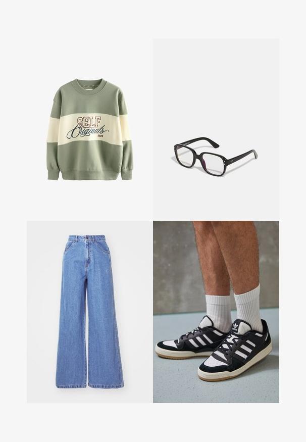 Felpa verde e crema, con scollatura rotonda, polsini a coste e scritta 'SELF Originals 2023' in borgogna e blu.; adidas Originals Jeans a sigaretta - light denim; Sneaker bianco e nero con tomaia in suede e pelle, caratterizzati da tre strisce bianche, punta perforata e suola in gomma naturale.; Occhiali neri rettangolari con lenti trasparenti, caratterizzati da bordi arrotondati e dettagli laterali, con una finitura lucida sulla montatura e sulle astine.