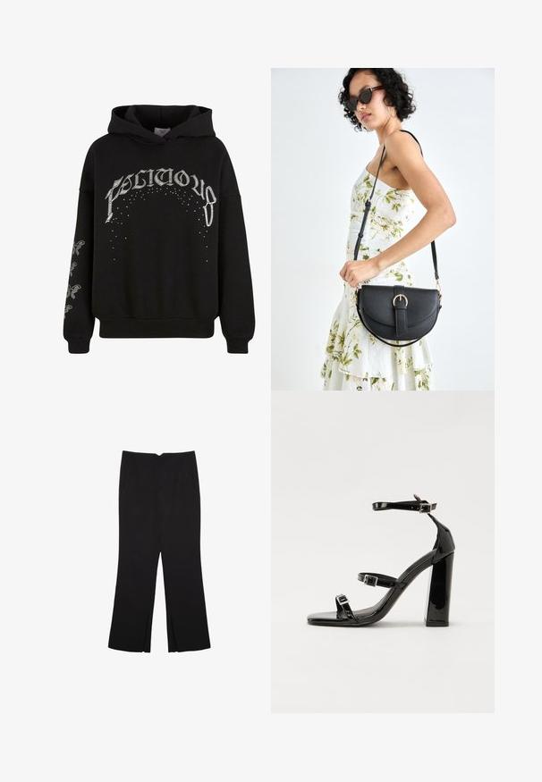 Čierna mikina s kapucňou vyrobená z mäkkej tkaniny, s bielym potlačeným textom a vzormi, s akcentmi na rukávoch.; Čierne nohavice so strihom rovného strihu, s prednými vreckami a bočnými rozparkami na leme. Vyrobené z mäkkej, hladkej tkaniny. Vhodné na rôzne príležitosti.; Čierne lakované sandále na vysokom opätku s dvoma prackami, štvorcovou špičkou a hrubým blokovým opätkom, s hladkou, lesklou textúrou.; Čierna kožená kabelka s zaobleným tvarom, odnímateľným popruhom a zlatými doplnkami. Kabelka má klopu s detailom s prackou.
