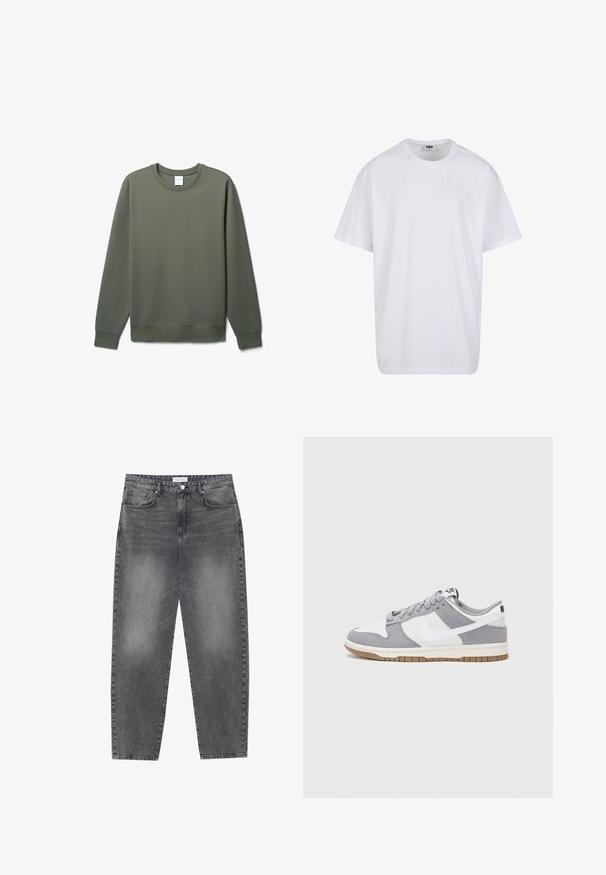 Felpa verde oliva realizzata in morbido tessuto, con scollatura rotonda, maniche lunghe e polsini e orlo a coste. Nessun motivo o dettaglio decorativo.; Maglietta bianca in cotone con maniche corte, scollatura rotonda, vestibilità comoda e senza loghi o motivi visibili. Texture liscia e design minimale.; Jeans a vita alta, dal taglio ampio in denim nero sbiadito. Presentano cinque tasche, passanti per cintura e un design dritto e pulito.; Sneaker grigia e bianca con tomaia in suede e pelle, punta arrotondata, lacci piatti e soletta in gomma con un accento color caramello.