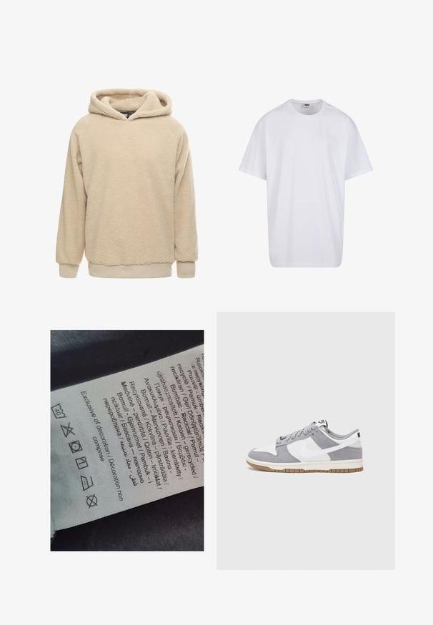 Béžová fleecová mikina s texturovaným povrchem, velkou kapucí a žebrovanými manžetami a spodním lemem. Vyznačuje se volným střihem a dlouhými rukávy.; Bílé triko z bavlny s krátkým rukávem, kulatým výstřihem, volným střihem a bez viditelných log či vzorů. Hladká textura a minimalistický design.; Štítek s vícejazyčným textem, symboly péče a ikonami recyklace, vytištěný na měkkém materiálu připomínajícím látku ve světlé barvě.; Tenisky Nike mají šedý semišový a bílý kožený svršek s perforacemi, kulaté tkaničky a gumovou podrážku pro lepší trakci.