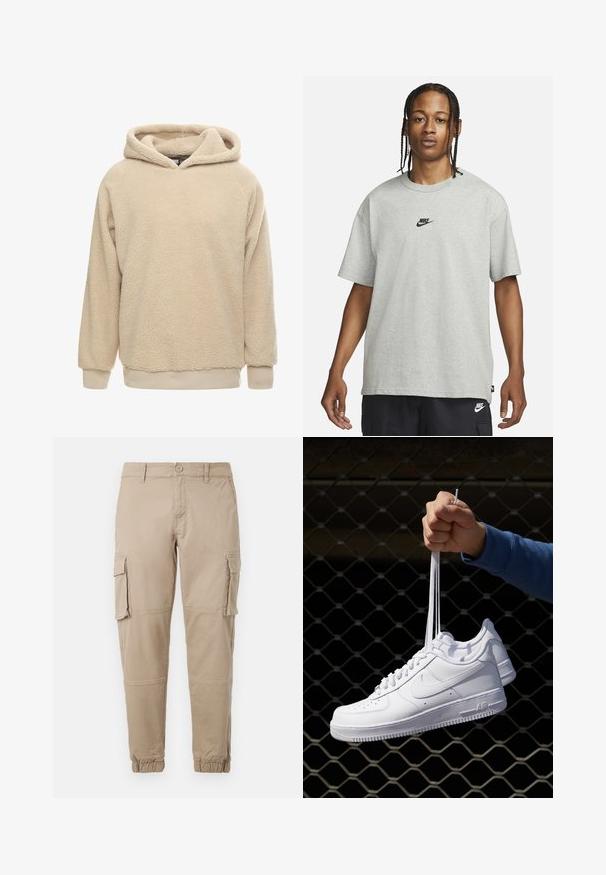 Sudadera de felpa beige con una superficie texturizada, gran capucha y puños y dobladillo acanalados. Presenta un corte relajado y mangas largas.; Joven con cabello trenzado que lleva una camiseta Nike gris claro y pantalones cortos Nike negros frente a un fondo blanco liso.; Pantalones cargo beige de un material de algodón ligero. Presenta puños elásticos, múltiples bolsillos laterales y un cierre de botón.; Zapatillas de cuero blanco con perforaciones, punta redonda, suela plana y cordones gruesos, con un logo de swoosh visible y "AIR" en el talón.