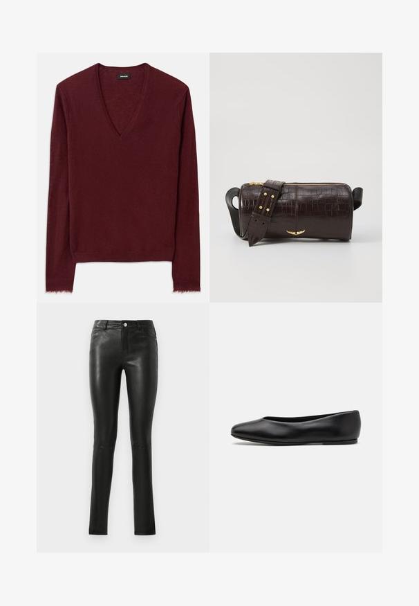 Burgundy V-neck sweater in soft, textured fabric. Features long sleeves and a slightly frayed hem. Simple design, no visible patterns.; Black leather pants with a fitted design, smooth texture, mid-rise waist, and subtle stitching details. Features front pockets and metal button.; Paul Smith TOPANGA - Ballet pumps - black; Brown crocodile-embossed leather bag with a cylindrical shape, gold-tone hardware, and a detachable strap featuring studs.