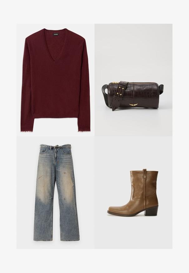 Pulover burgundy cu decolteu în V, dintr-un material moale și texturat. Dispune de mâneci lungi și un tiv ușor desfăcut. Design simplu, fără modele vizibile.; Jeans din denim albastru deschis cu un design lejer și drept pe picioare. Prezintă efecte de uzură, decolorare și detalii uzate în jurul genunchilor. Stil clasic cu cinci buzunare.; Botine din piele maro, cu vârf pătrat, finisaj texturat și toc mic, îngrămădit. Prezentă un tab de tragere la spate și detalii subtile de coasere.; Geantă din piele căptușită cu un model de crocodil de culoare maro, cu o formă cilindrică, accesorii de culoare aurie și un curea detasabilă cu tăieturi.