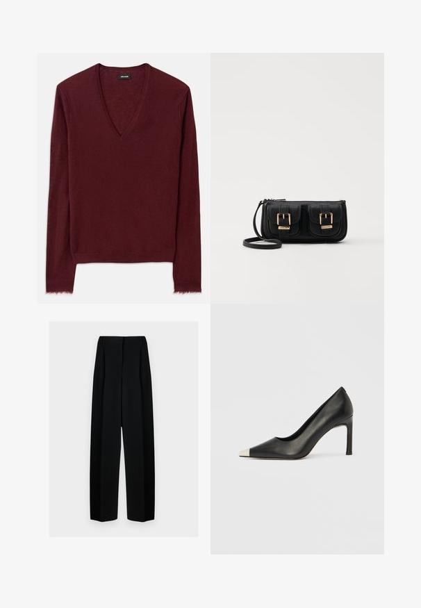 Burgunderröd V-ringad tröja i mjukt, texturerat material. Har långa ärmar och en något fransad fåll. Enkelt design, inga synliga mönster.; Svarta vida byxor med hög midja, med veck och en slät textur. Tyget ser lätt ut och hänger elegant.; Svart skinnsko med hög klack, spetsig tå och metallisk silverhätta. Har en slät yta och en smal klack på 10 cm.; Svart läderaxelväska med två framfickor, guldspännen, dragkedjestängning och en smal rem. Texturerad yta och kompakt rektangulär form.