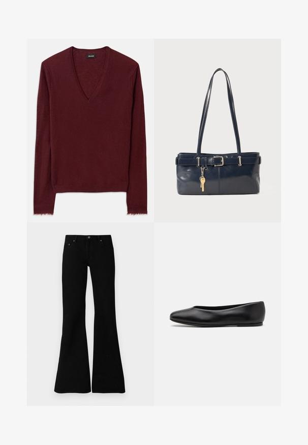 Vínový svetr s výstřihem do V z měkké texturované látky. Má dlouhé rukávy a mírně třepený lem. Jednoduchý design, bez viditelných vzorů.; Černé zvonové džíny vyrobené z denimu, s klasickým pětipocket designem, zapínáním na knoflík a jemnými švy podél švů.; Paul Smith TOPANGA - Klasické baleríny - black; Námořnická kožená kabelka s dvěma dlouhými uchy, detaily s přezkou a připevněným klíčenkou. Vyznačuje se hladkým povrchem a obdélníkovým tvarem.