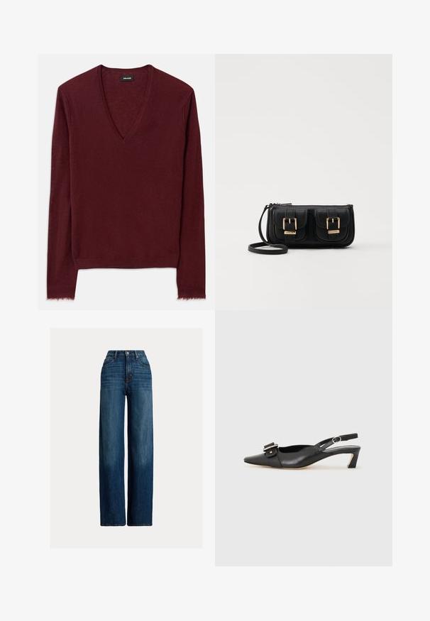 Bordó V nyakú pulóver puha, texturált anyagból. Hosszú ujjakkal és enyhén rojtos szegéllyel rendelkezik. Egyszerű dizájn, nem látható mintákkal.; Sötétkék, bő szárú farmernadrág. Magas derekú, gombos záródással és klasszikus, öt zsebes dizájnnal rendelkezik. Simaság jellemzi, enyhe kopással.; Fekete bőr szandál kis sarkú, hegyes orral, díszes csattal a felsőrészen. Simább textúra, minimalista design.; Fekete bőr keresztbody táska két elülső zsebbel, arany csattokkal, cipzáras záródással és vékony pánttal. Textúrált felület és kompakt téglalap alak.