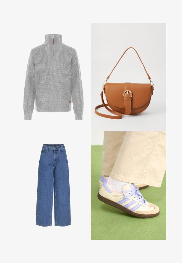 Ljusgrå stickad tröja med hög ribbad krage som har ett framgående dragkedja och långa ärmar med ribbade mudd. ; Vida jeans i blått med hög midja, tillverkade av denimtyg. Funktioner inkluderar framfickor och knäppning med knapp. Klassisk avslappnad design.; Krämfärgade och lavendelfärgade sneakers med tre ränder och en texturerad brun sula, med snören och en vadderad häl. Mjuk tygobero.; Brun läder crossbody-väska med en böjd form, gyllene detaljer och en spänneaccent. Har en avtagbar axelrem.