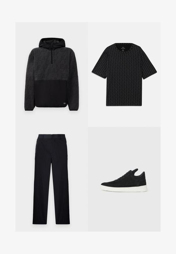 Melns kapucēts flīsa jaku ar puscenu, teksturēta augšdaļa ar smalku logo rakstu un gluda apakšdaļa ar mazu logo uzlīmi.; Melna t-kreklu ar teksturētu pārveidojumu, kurā mijas 'A' logotipi, īsām piedurknēm un apaļu kakla izgriezumu. Izgatavots no viegla auduma.; Melni bikses ar vieglu, teksturētu audumu, taisnu kāju dizainu, elastīgu jostu un sānu rāvējslēdzēju kabatām.; Melna zamša apavi ar baltu gumijas zoli, ar tonālu izšuvumu un auklu dizainu. Gluda tekstūra ar mūsdienīgu, plūstošu formu.