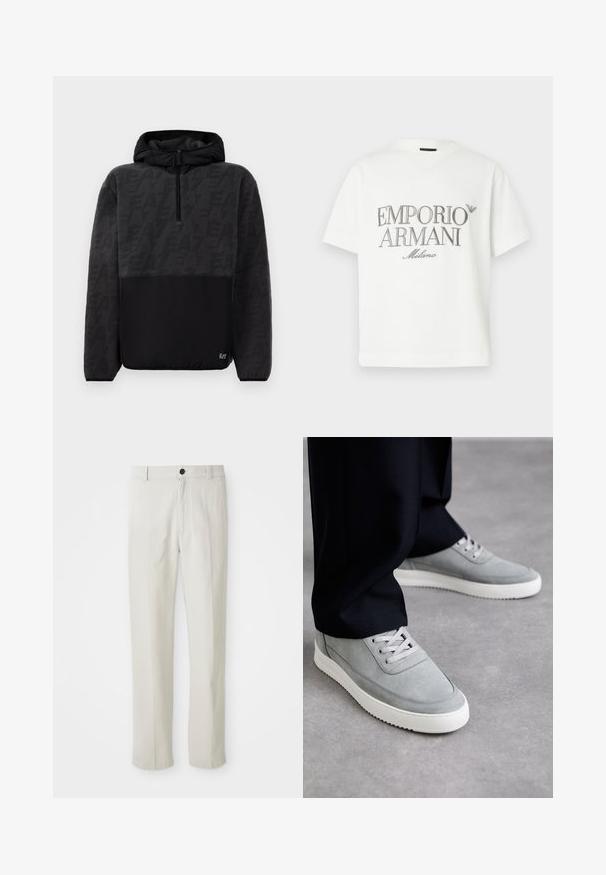 Casaco de fleece preto com capuz e fecho de meio zíper, parte superior texturizada com padrão de logótipos subtil e secção inferior lisa com pequeno emblema.; T-shirt branca de algodão com um grande logótipo cinzento "Emporio Armani Milano" na frente e um pequeno logótipo no lado superior esquerdo.; Calças beige de perna reta com passantes para cinto, botão frontal e fecho de zip, exibidas de forma plana sobre um fundo branco.; Sapatilhas de camurça cinza com solas de borracha brancas, apresentando um design de atacadores, ponta arredondada e detalhes de costura subtil, usadas com calças pretas.
