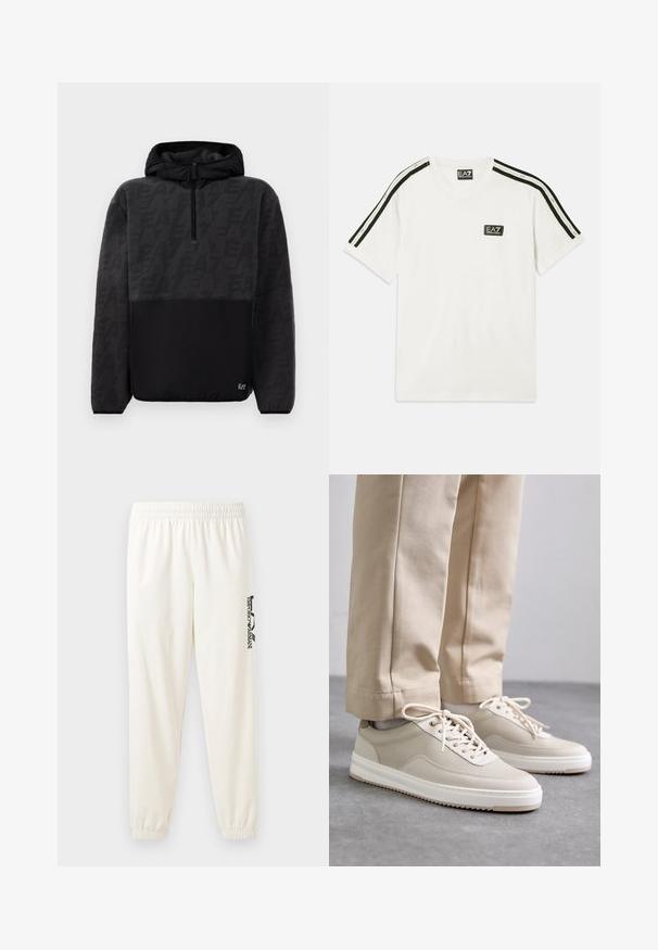 Crna dukserica s kapuljačom od flisa s polu-zipom, teksturirani gornji dio s suptilnim uzorkom logotipa i glatki donji dio s malim logotipom.; Bijela pamučna majica s okruglim izrezom, kratkim rukavima, crnim detaljima na ramenima i malim EA7 logotipom na prsima.; Svijetlosmeđi trenirka hlače s elastičnim pojasom i elastičnim manžetama. Sadrži crni ispisani logo na lijevoj nozi. Mekana tekstura tkanine.; Bež tenisice s teksturiranom gornjom površinom, bijelim potplatima i šivenim detaljima, u kombinaciji s bež hlačama, prikazane na sivoj podlozi.