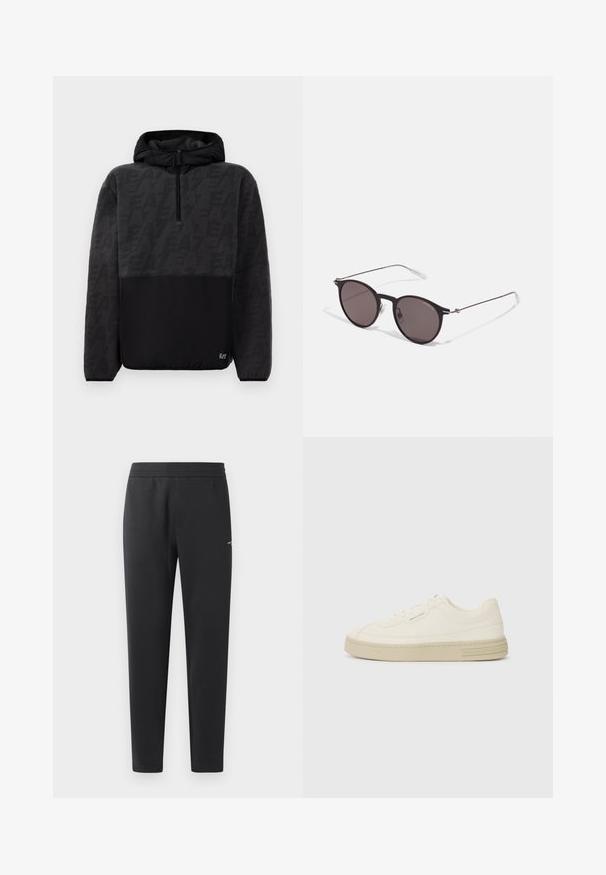 Čierna mikina s kapucňou z fleecového materiálu, polovičným zipsom, štruktúrovanou hornej časťou s jemným logom a hladkou dolnou časťou s malým logom.; Čierne joggingové nohavice z mäkkej tkaniny, s elastickým pásom, rovnými nohavicami a malým logom na boku.; Biele plátenné tenisky s textúrovanou gumovou podrážkou, so šitým špičkovým krytom a logom na päte. Jednoduchý dizajn so šnurovaním.; Čierne okrúhle slnečné okuliare s tmavými sklami a tenkými kovovými ramenami. Obsahujú priehľadné konce rámov a strieborné akcenty na pántoch. Minimalistický dizajn.