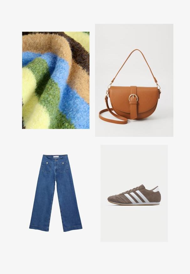 Šarena deka s debelom, mekanom teksturom i prugama u zelenoj, plavoj, bež, smeđoj i žutoj boji. Udoban i plišan materijal.; Denim široke hlače s medijskom plavom pranju, dva prednja džepa s dugmadi, i šivana dekoracija duž rubova.; Smeđi zamakani sportski tenisice s bijelim prugama, okrugli vrh, vezanje, i potplat od gumene smole. Teksture gornjeg dijela s detaljima šivanja.; Smeđa kožna torba preko tijela s zakrivljenim oblikom, zlatnim metalnim detaljima i naglaskom na kopču. Ima odvojivu naramenicu.