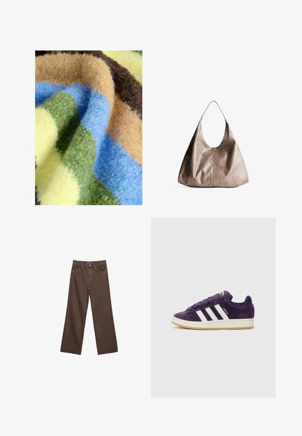 Pestrý prikrývací pléd s hrubou, mäkkou textúrou so pruhmi v zelenej, modrej, béžovej, hnedej a žltej farbe. Príjemný a nadýchaný materiál.; Džínsy s širokými nohavicami v hnedej farbe, vyrobené z denimu, so zvýšeným pásom, prednými vreckami a klasickým zapínaním na gombík. Hladká textúra s jemným prešívaním.; Fialové semišové tenisky s bielymi pruhmi a šnúrkami, so štruktúrovaným vrchom a svetlým gumovým podošvom.; Bežová kožená hobo taška s hladkou textúrou. Má veľký otvorený vrch a jeden široký ramenný popruh. Zaoblený, uvoľnený tvar.