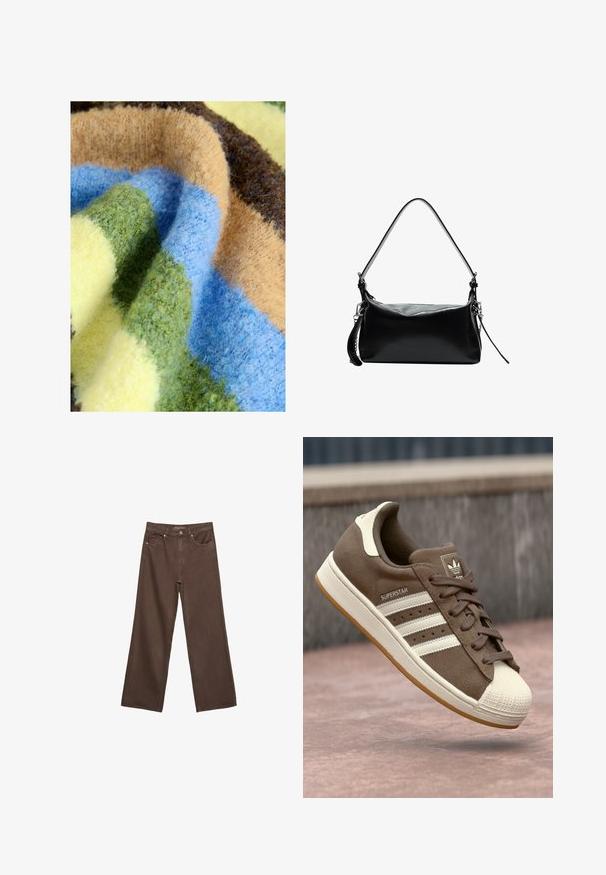 Flerfärgad filt med tjock, mjuk textur och randigt mönster i grön, blå, beige, brun och gul. Bekvämt och pluffigt material.; Breda bruna jeans i denim med hög midja, framfickor och klassisk knäppning. Slät textur med subtil sömnad.; Bruna mockasiner i mocka med vita ränder, krämfärgade detaljer och en gummitå. Har snörning och en texturerad gummisula.; Svart läderhandväska med en böjd axelrem, slät yta, rektangulär form, dragkedjestängning och silverfärgade detaljer.