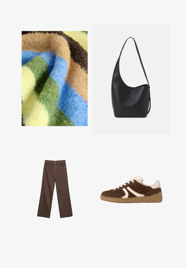 Monivärinen peitto, jossa on paksu ja pehmeä rakenne sekä vihreitä, sinisiä, vaaleanbeigejä, ruskeita ja keltaisia raitoja. Mukava ja pörröinen materiaali.; Leviittävät ruskeat farkut, jotka on valmistettu denimistä, korkea vyötärö, etutaskut ja klassinen nappikiinnitys. Silkkinen pinta hienovaraisella ompelutyöllä.; Ruskeat mokkasiinit kermanvärisillä yksityiskohdilla, pyöristetty kärki, nauhakiinnitys edessä ja teksturoidut kumipohjat. Sivulogossa on kontrastiväri.; Musta nahkainen hobo-laukku, jossa on sileä pinta, kaareva muoto ja yksi säädettävä olkahihna; sisäänkäynti on leveä ylhäältä.