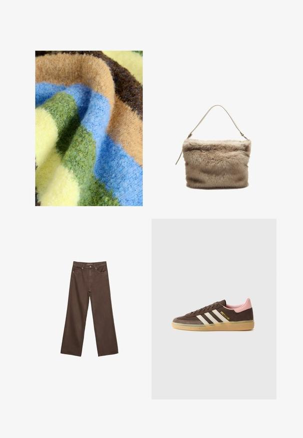 Šarena deka s debelom, mekanom teksturom i prugama u zelenoj, plavoj, bež, smeđoj i žutoj boji. Udoban i plišan materijal.; Proširene smeđe traperice od denima, s visokim strukom, prednjim džepovima i klasičnom kopčom na dugme. Glatka tekstura s suptilnim šavovima.; adidas Originals HANDBALL SPEZIAL UNISEX - Tenisice - dark brown/alumina/wonder mauve; Umjetna krzna torba svijetlo bež boje s mekom, teksturiranom površinom. Ima jedan tanak remen i pravokutni oblik s pahuljastim gornjim rubom.