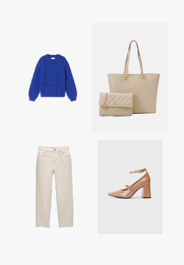 Thinking Mu CARMEN - Trui - blue; Witte denim jeans met een ontspannen pasvorm, featuring een rechte pijp, vijf-pocket ontwerp en metalen hardware met een subtiele textuur.; Beige lakleren hoge hakken met een puntige neus, een enkelbandje en een chunky vierkante hak. Gladde textuur met een glanzende afwerking.; Beige shoppers tas met platte handvatten, een gladde textuur en gouden accenten, gecombineerd met een bijpassende doorgestikte clutch met een kettingband.