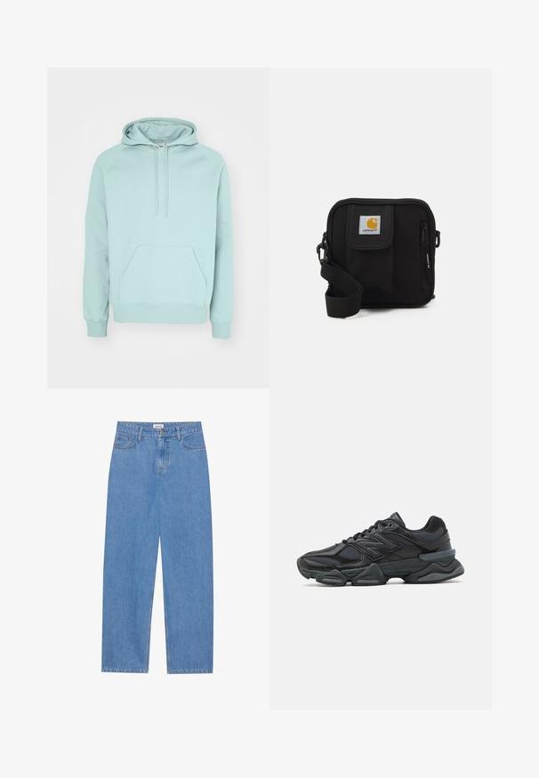 Mintgrüner Hoodie aus weichem Material mit einer Kängurutasche, verstellbarem Kordelzug und gerippten Bündchen und Saum.; Hellblaue Jeans aus Denim mit geradem Schnitt, fünf Taschen-Design, Knopfverschluss und dezenten Nähten an den Säumen.; Schwarzer Laufschuh mit einer Mischung aus Mesh- und sinthetischen Materialien, dicke Sohle, geschwungenes Design und auffälliger Markenkennzeichnung an der Seite.; Schwarze Umhängetasche mit einem Reißverschluss-Hauptfach, einer Fronttasche, einem verstellbaren Tragegurt und einem sichtbaren Logo-Patch auf dem Deckel.