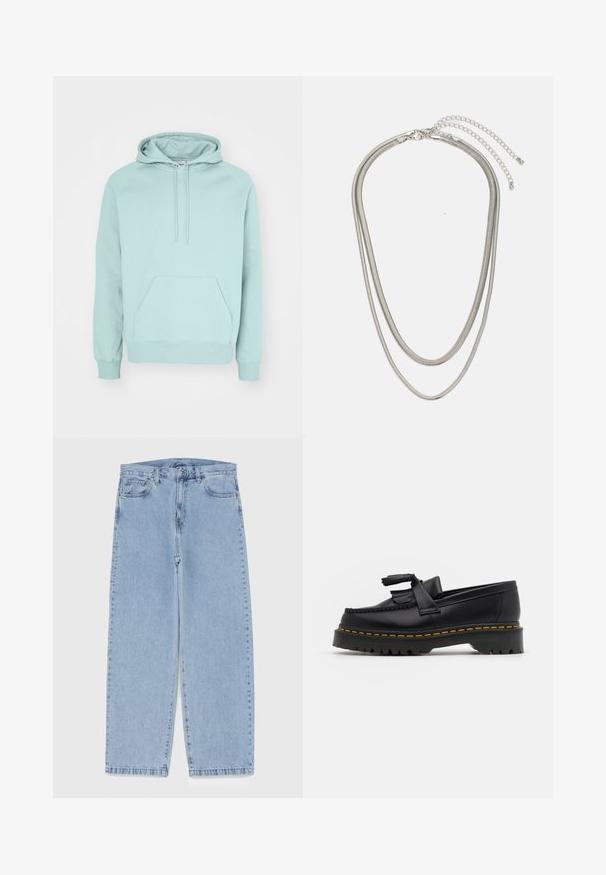 Felpa verde menta realizzata in morbido tessuto, con tasca a marsupio, cappuccio regolabile con coulisse e polsini e orlo a costine.; Jeans in denim azzurro chiaro con design a gamba dritta, caratterizzati da una vita media, cinque tasche e chiusura con bottone e zip.; Mocassino in pelle nera con un'accento a frange, dotato di una suola nera spessa e cuciture gialle lungo il bordo. Finitura testurizzata.; Collana in metallo argentato a tre strati caratterizzata da catene sottili e flessibili con una leggera lucentezza, fissata con un gancio a molla e una catena regolabile.