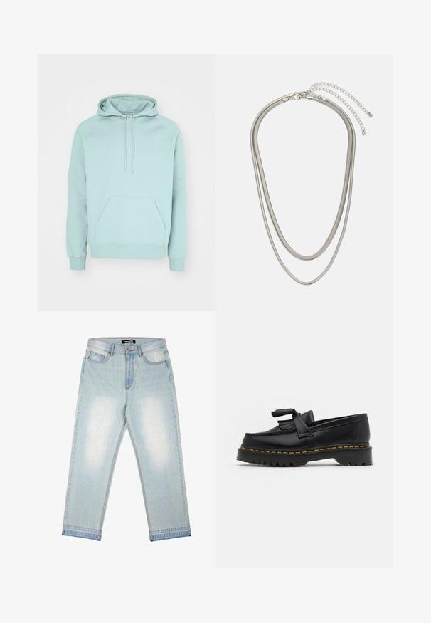 Mäta zelená mikina vyrobená z mäkkej látky s klokankovým vreckom, nastaviteľnou šnúrkou na kapucni a rebrovanými manžetami a spodným okrajom.; Pegador BARROW - Džínsy široké - sand washed blue; Čierne kožené loafre s detailom na strapcoch, s masívnou čiernou podrážkou a žltým prešitím pozdĺž okraja. S textúrovaným povrchom.; Trojvrstvový náhrdelník zo strieborného kovu s elegantnými, flexibilnými reťazami s jemným leskom, zabezpečený sponou typu langusta a nastaviteľným reťazcom.