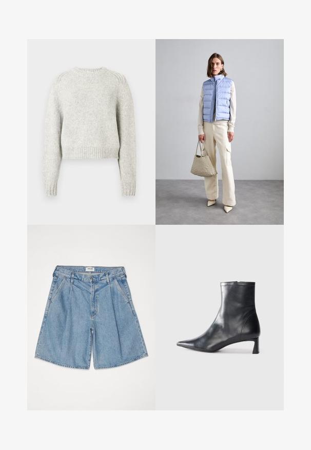 Šviesiai pilkas trumpintas megztinis su ilgomis rankovėmis, apvalia iškirpte ir briaunuotais rankogaliais bei apačia. Pagamintas iš minkštos, tekstūruotos megztos medžiagos.; Šviesiai mėlynos džinsinės šortai su laisvu kirpimu, pasižymintys aukštu liemeniu, šoninėmis kišenėmis ir mygtukiniu užsegimu. Visas paviršius su išblukusiu tekstūra.; Juodas odinis kulkšninis batas su smailiu pirštu ir elegantišku dizainu. Turi žemą kulną ir užtrauktuką gale. Lygi tekstūra.; DRAGON DIFFUSION SANTA CROCE BIG - Rankinė - pearl