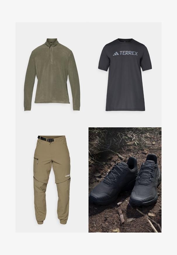 CMP MAN - Fliisdžemper - olive; Must musta t-särk, mis on valmistatud kergetest kangast, millel on kergehall "TERREX" logo rinnaeest ja ümar kaelus.; Khaki välisin püksid, millel on reguleeritav must vöö, lukuga taskud, kitsenevad sääreotsad ja eemaldatavad alumised sääred mitmekesiste stiilide jaoks.; Mustad mustes spordijalanõud tekstuurse kudumisega pealisosa, tugevdatud varvas ja pehmendusega tallad, laotud maapinnale, kus on hajutatud oksakesi.