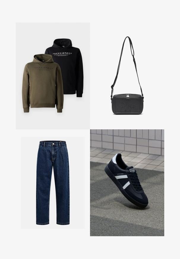 Felpe con cappuccio in nero e verde oliva, dotate di tasca a canguro frontale, cappuccio con cordino e branding stampato sul petto. Tessuto morbido e liscio.; Jeans in denim blu scuro con design a gamba dritta. Presentano cuciture visibili, una chiusura con bottone e pieghe frontali per un tocco di dettaglio in più.; Sneaker neri in pelle con strisce bianche, suola in gomma texturizzata e allacciatura frontale. Presenta un'etichetta con il marchio sulla linguetta.; Borsa a tracolla nera in pelle con chiusura zip, logo impresso sul davanti e tracolla regolabile. Texture liscia con forma rettangolare.
